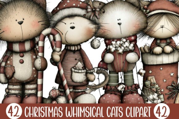Christmas Whimsical Cats Clipart: Editorial Illustrations