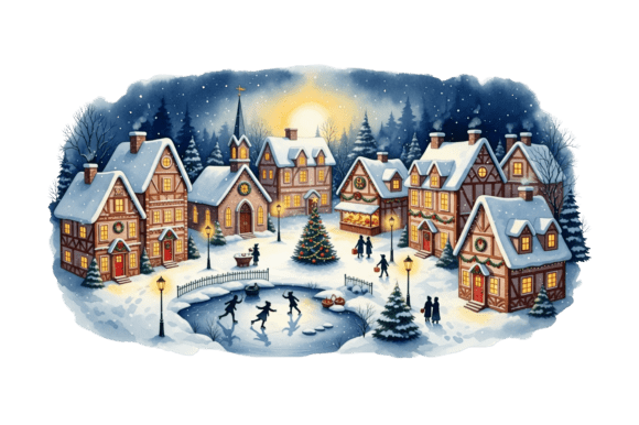 Cozy Christmas Village Winter Night Illustrations