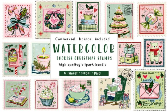 Hand Drown Bookish Christmas Clipart: Editorial Illustrations