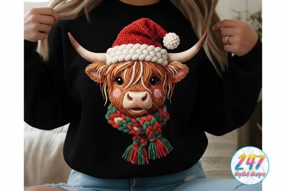 Highland Cow PNG Crochet Yarn Christmas Illustrations
