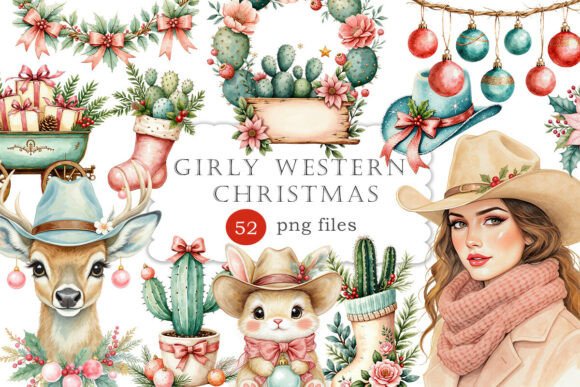 Pink Girly Western Christmas Illustrations