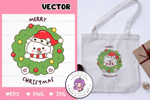Polar Bear in Christmas Wreath Kawaii Illustrations