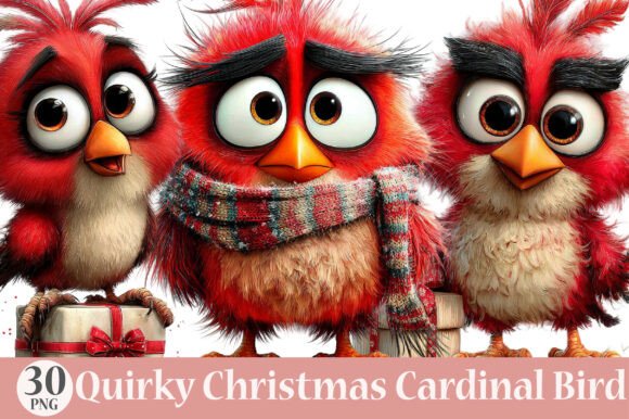 Quirky Christmas Cardinal Bird Clipart for Illustrations