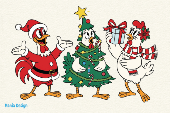 Retro Christmas Rooster Chicken PNG: Illustrations