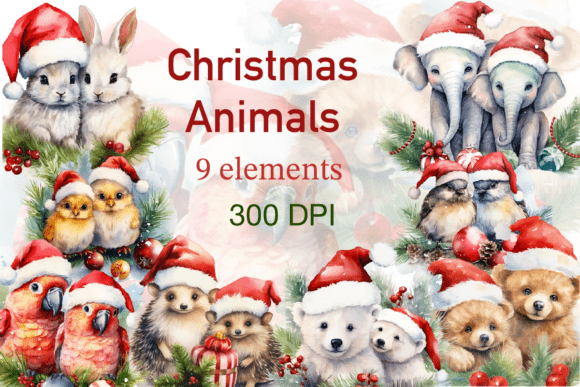 Watercolor Christmas Animals Illustrations