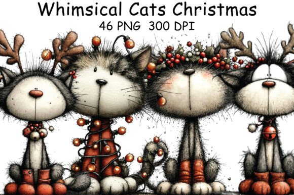 Whimsical Cats Christmas Clipart & Illustrations